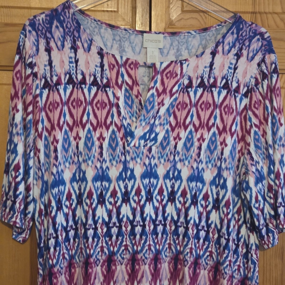 Chico's Dress Size 1‎ Womens Medium Pink Purple Ikat Print Short Sleeve Resort